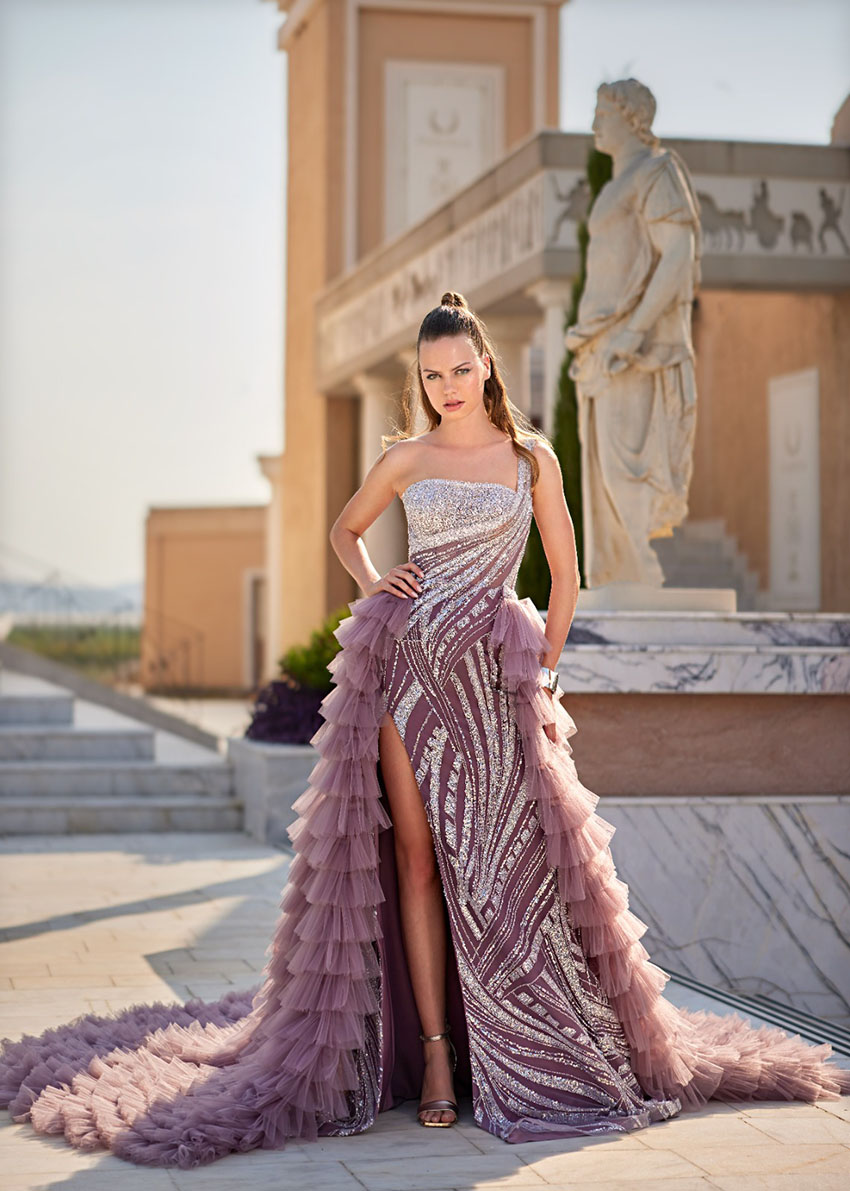High-Slit Mermaid Gown with Floral Details